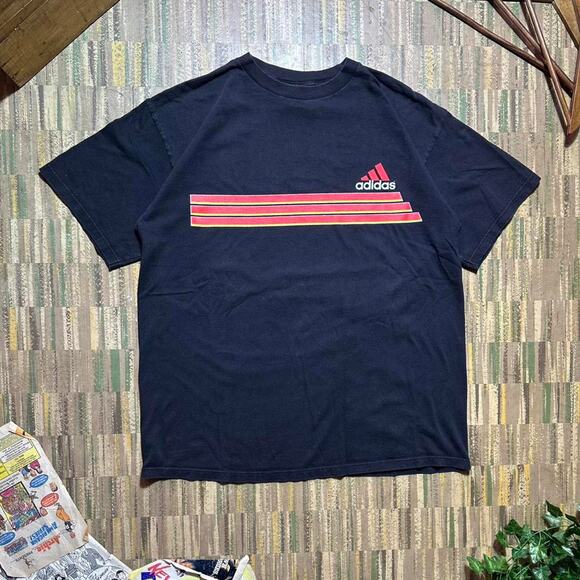 Vintage 90s Adidas Striped Tee Mens Large Red and Black Front Back Graphic Shirt - Picture 1 of 3